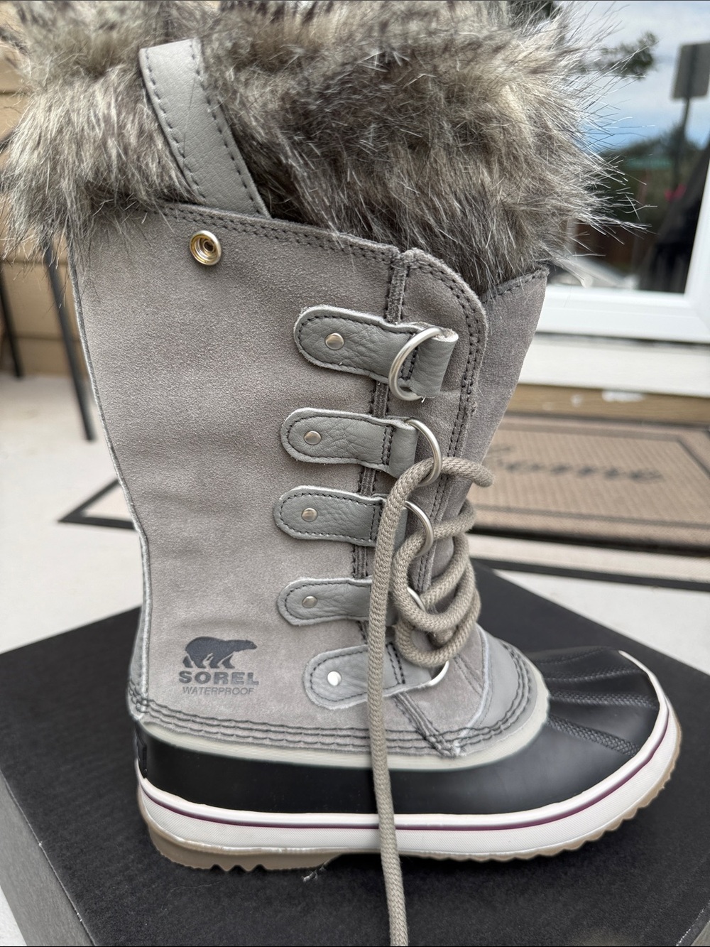 Sorel Women's Grey Suede Waterproof Lace-Up Winter Boot with Faux Fur Cuff